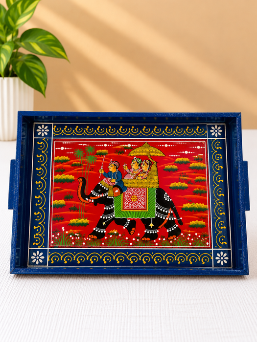 Hand-Painted Elephant Wooden Serving Tray, Traditional Indian Rajasthani Art Decorative Tray