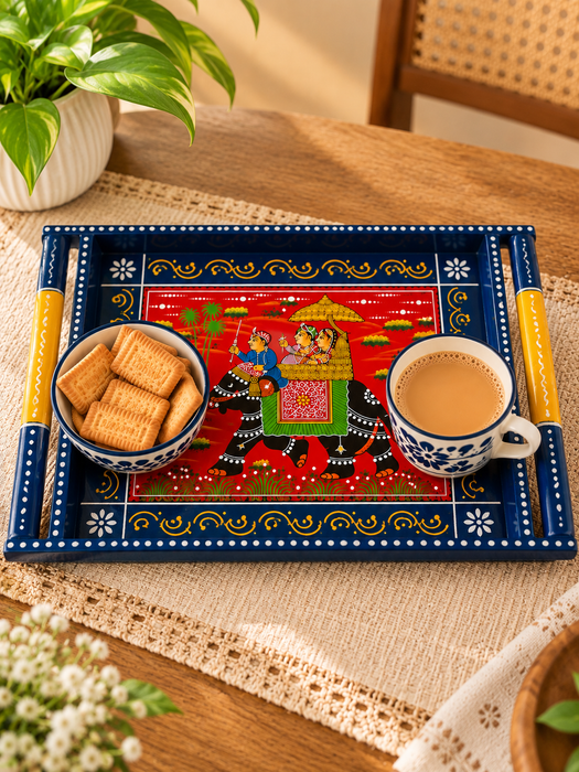 Hand-Painted Elephant Wooden Serving Tray, Traditional Indian Rajasthani Art Decorative Tray