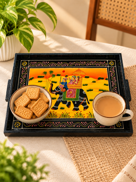 Hand-Painted Elephant Wooden Serving Tray, Traditional Indian Rajasthani Art Decorative Tray