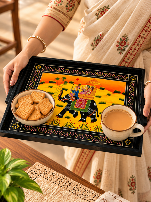 Hand-Painted Elephant Wooden Serving Tray, Traditional Indian Rajasthani Art Decorative Tray