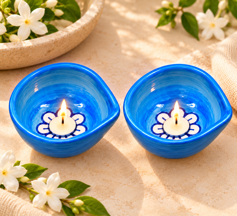 Handmade Ceramic Sky blue Diyas – Traditional Indian Festive Décor by Diwam Handicrafts