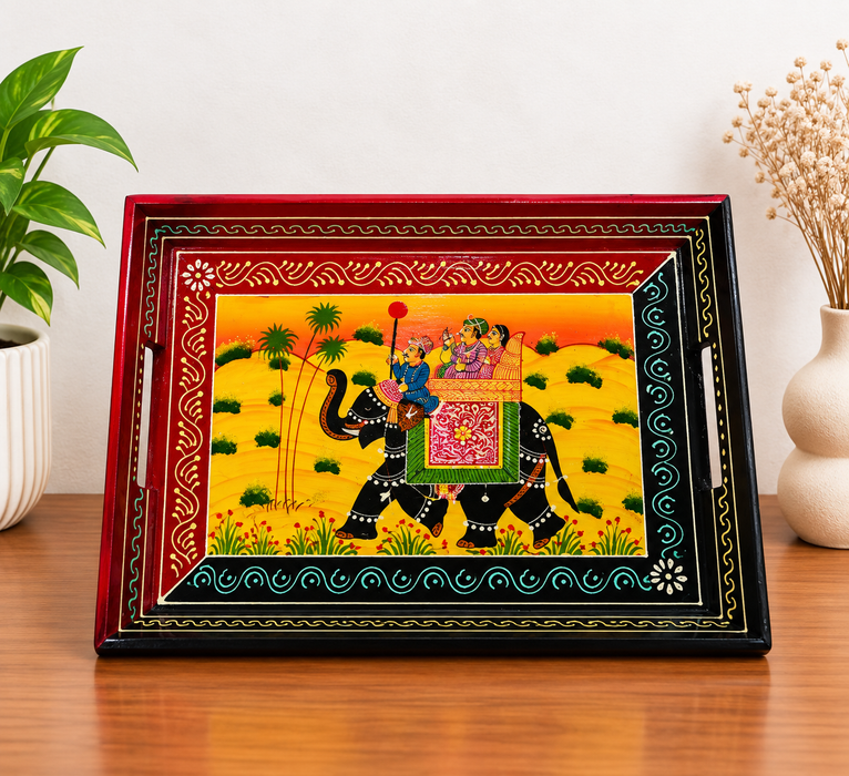 Hand-Painted Elephant Wooden Tray Set of 3, Traditional Indian Decorative Serving Trays