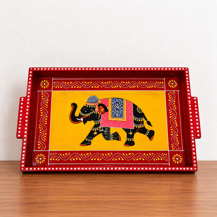 Hand-Painted Elephant Wooden Tray Set of 3, Traditional Indian Decorative Serving Trays