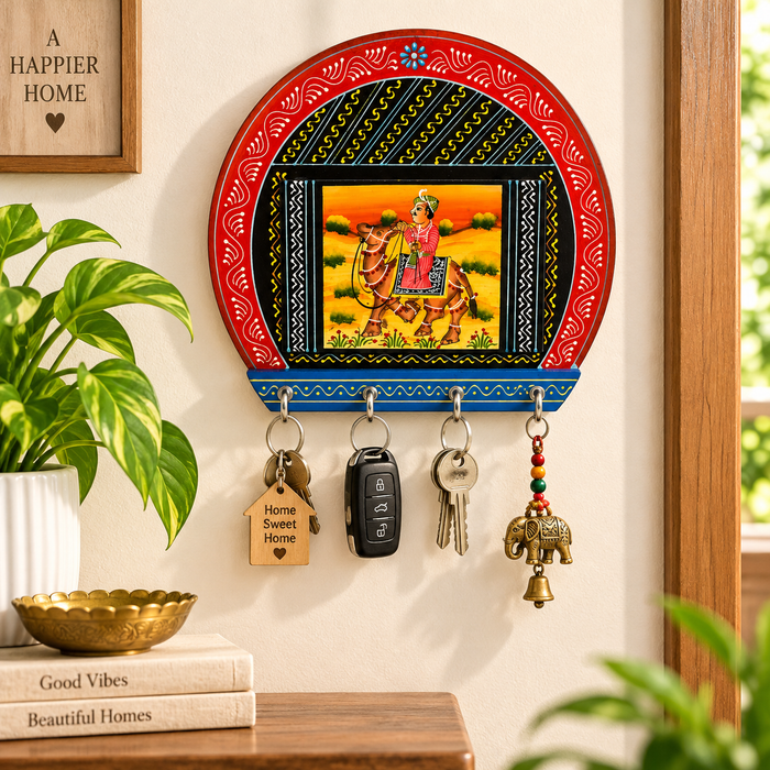 Handcrafted Wooden Rajasthani Key Holder, Hand Painted Indian Wall Decor