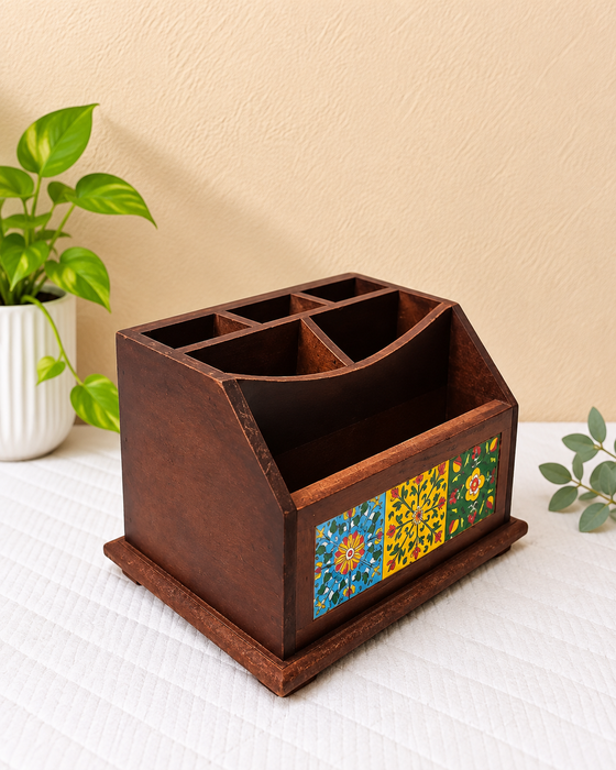 Handcrafted Wooden Desk Organizer, Hand Painted Floral Indian Traditional Decor
