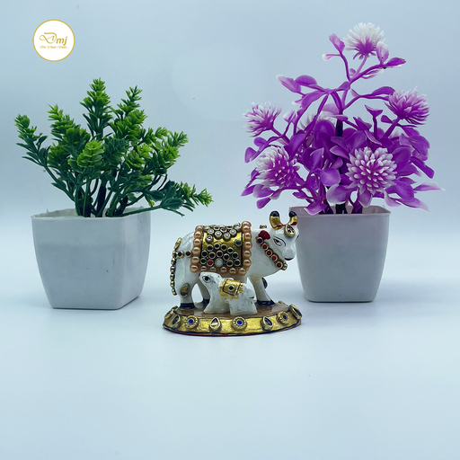 Premium Handcrafted Stone Metal Cow with Calf on Golden Stand | Buy Now