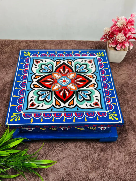 Handcrafted Pooja Chowki with Base, Traditional Indian Wooden temple Decor