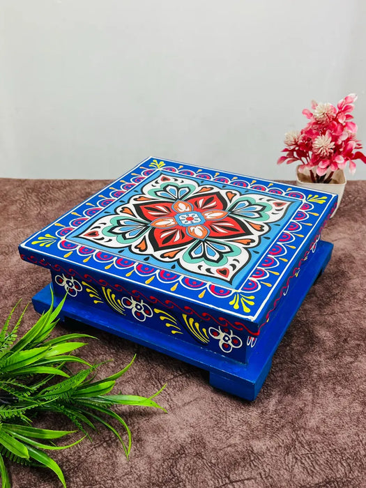 Handcrafted Pooja Chowki with Base, Traditional Indian Wooden temple Decor
