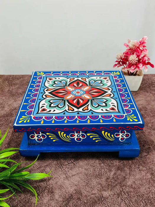 Handcrafted Pooja Chowki with Base, Traditional Indian Wooden temple Decor