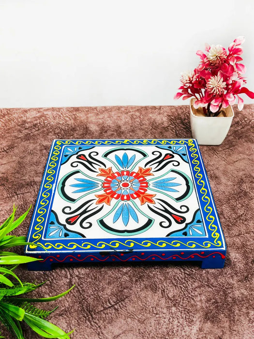 Hand-Painted Wooden & Ceramic Choki | Traditional Pooja Chowki