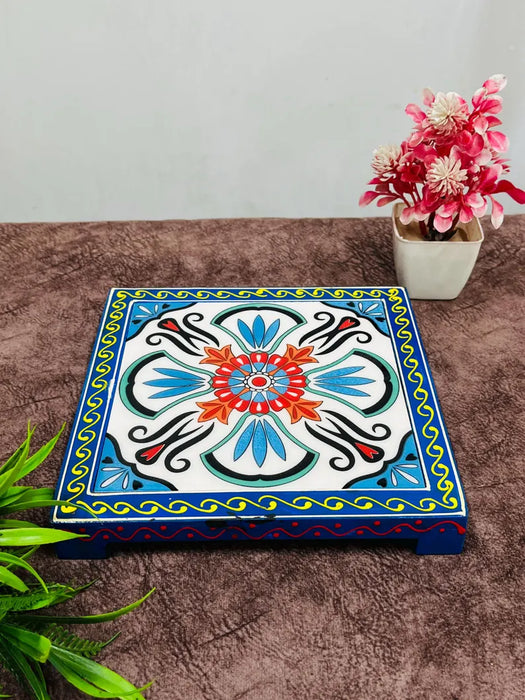 Hand-Painted Wooden & Ceramic Choki | Traditional Pooja Chowki