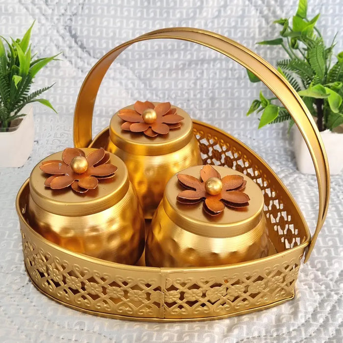 Gold Finish Heart Hamper with Metal Jars | Decorative Gift Basket bulk of 20
