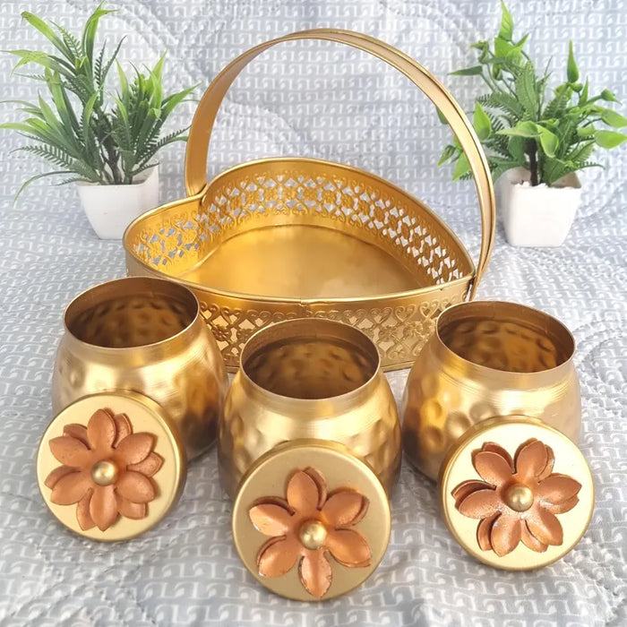 Gold Finish Heart Hamper with Metal Jars | Decorative Gift Basket bulk of 20