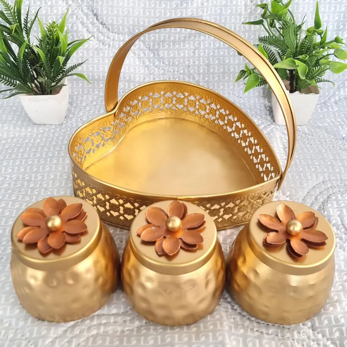 Gold Finish Heart Hamper with Metal Jars | Decorative Gift Basket bulk of 20