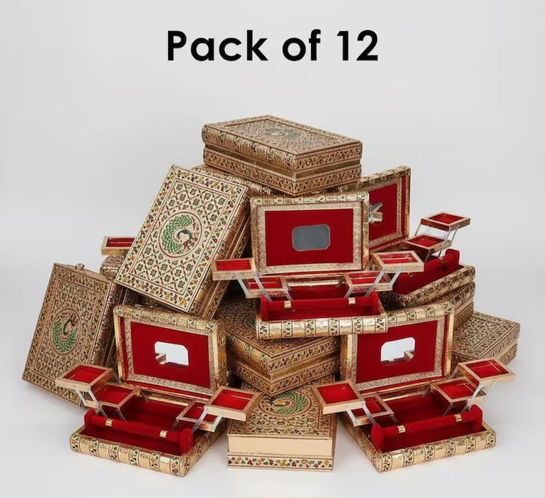 Wooden Jewelry Box | Set of 12 Handmade | Gold Finish, Velvet Lined bulk book