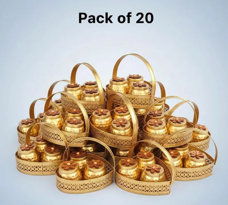Gold Finish Heart Hamper with Metal Jars | Decorative Gift Basket bulk of 20
