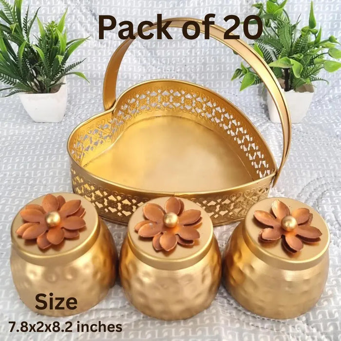 Gold Finish Heart Hamper with Metal Jars | Decorative Gift Basket bulk of 20