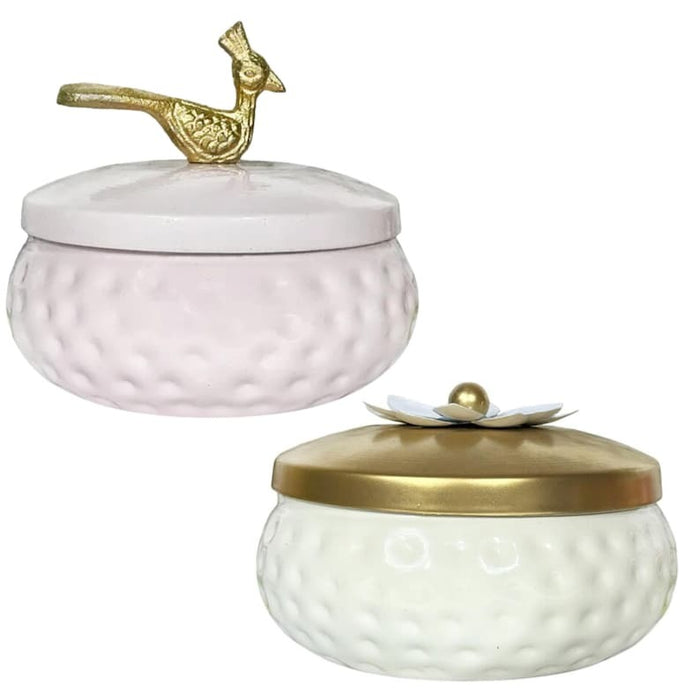 Metal Bowl Set of 32 | White & Pink Decorative Storage Jar with Gold Lid bulk
