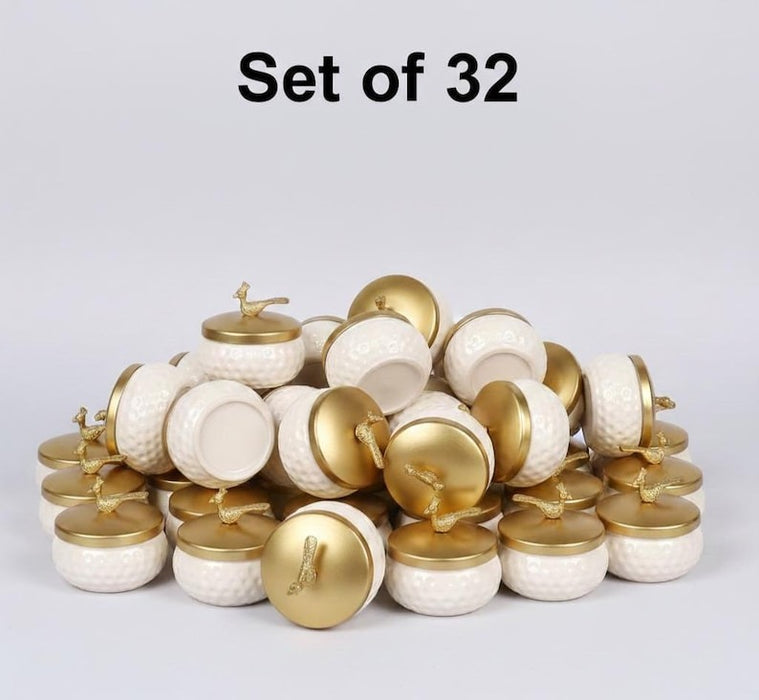 Metal Bowl Set of 32 | White & Pink Decorative Storage Jar with Gold Lid bulk