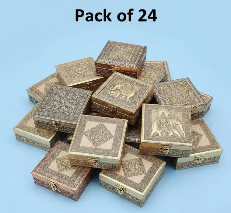 Embossed Brass Finish Wooden Box Set of 24 | Indian Wedding Favors