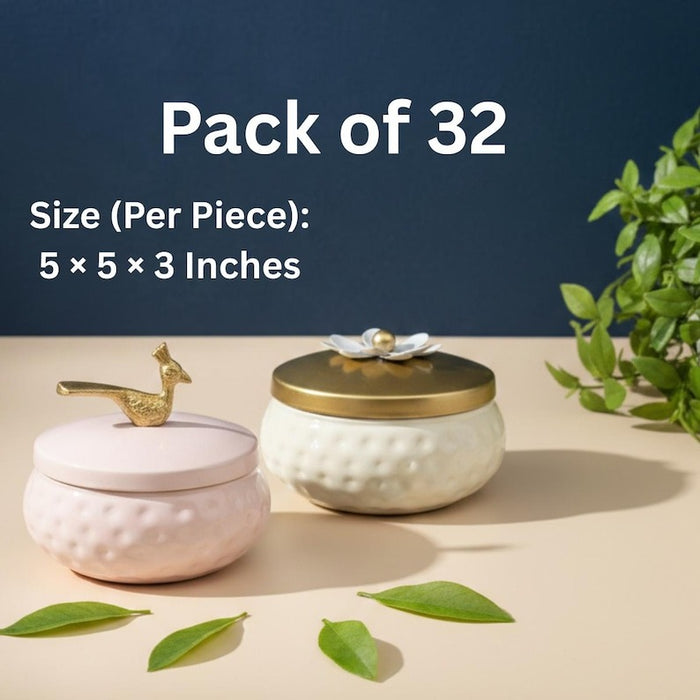 Metal Bowl Set of 32 | White & Pink Decorative Storage Jar with Gold Lid bulk