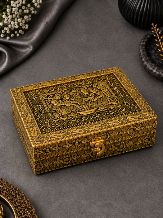 Handcrafted Golden Dry Fruit Box with Traditional Laxmi Ganesh Design