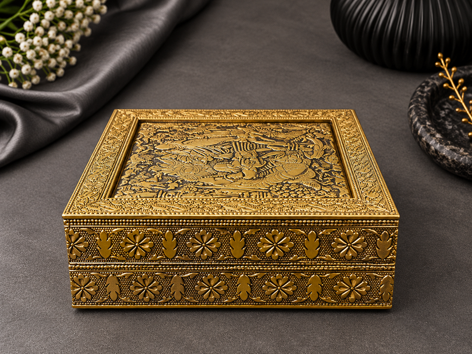 Handcrafted Golden Dry Fruit Box with Traditional Laxmi Ganesh Design