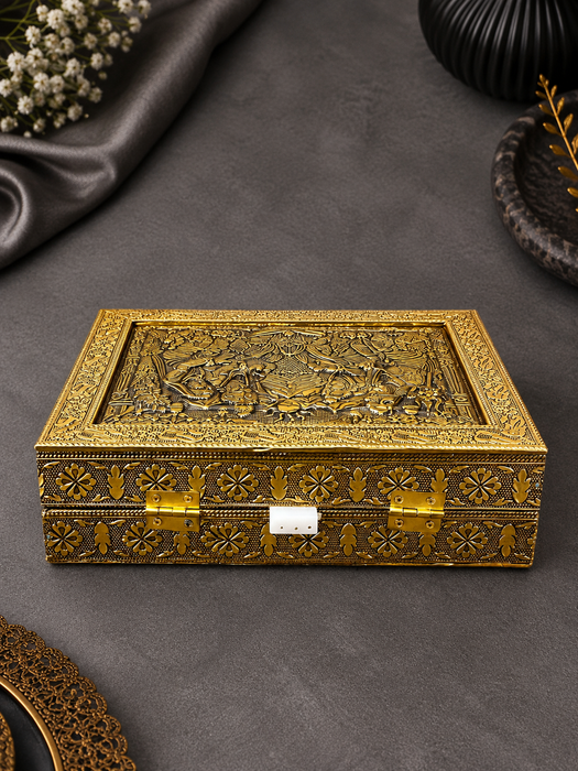 Handcrafted Golden Dry Fruit Box with Traditional Laxmi Ganesh Design