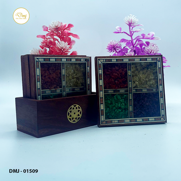 Gemstone Wood Tea Coasters with Holder 5-Piece Elevate Your Tea Experience | Buy Now